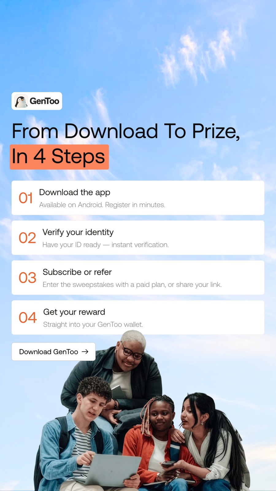 Creativo de story del sorteo de GenToo: cuatro pasos de la descarga al premio