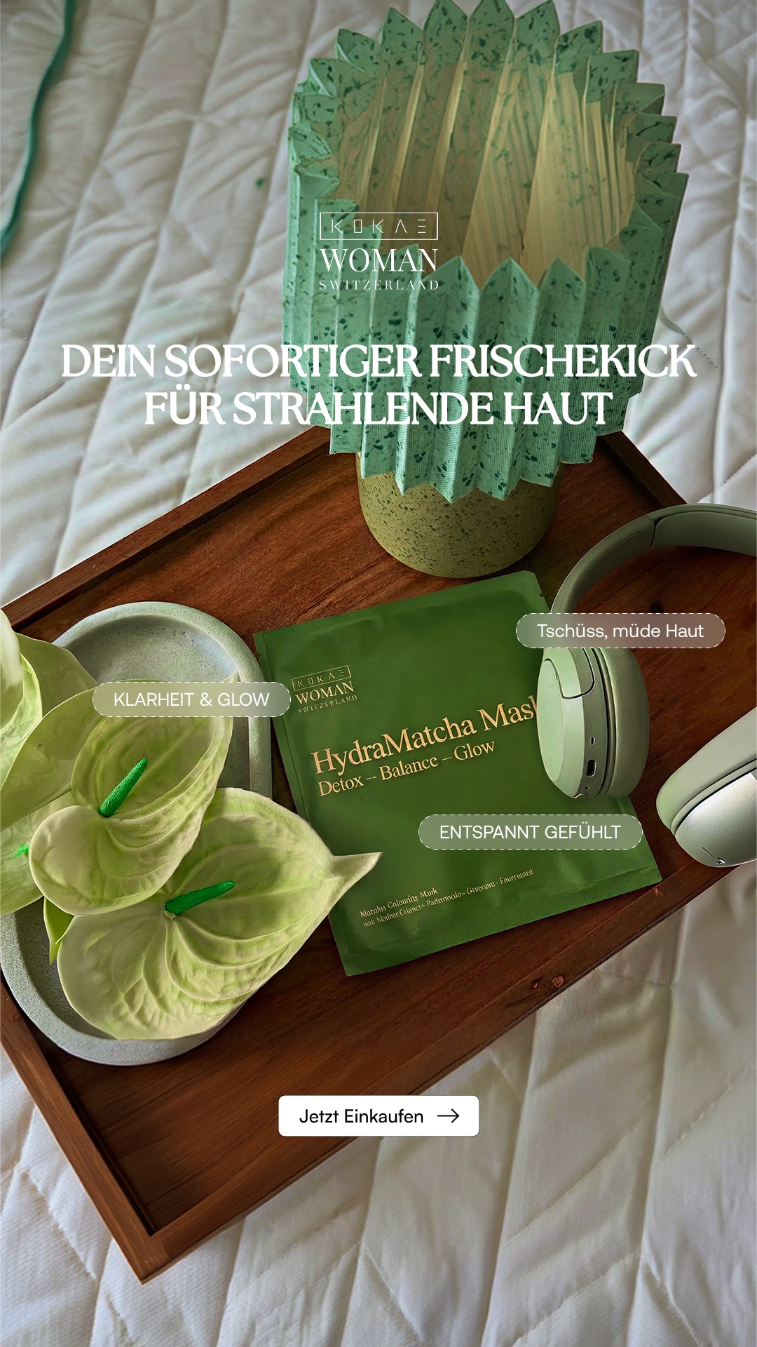 Kokae Luxus-Editorial — Matcha-Maske in Nahaufnahme