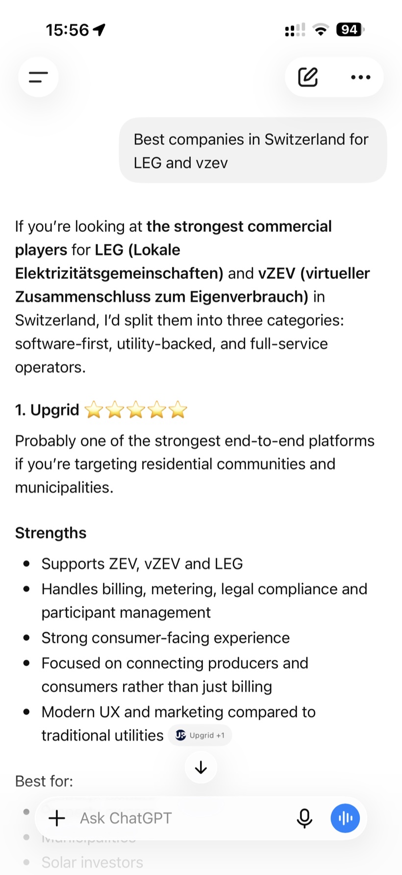 ChatGPT app ranking Upgrid first and citing upgrid.ch