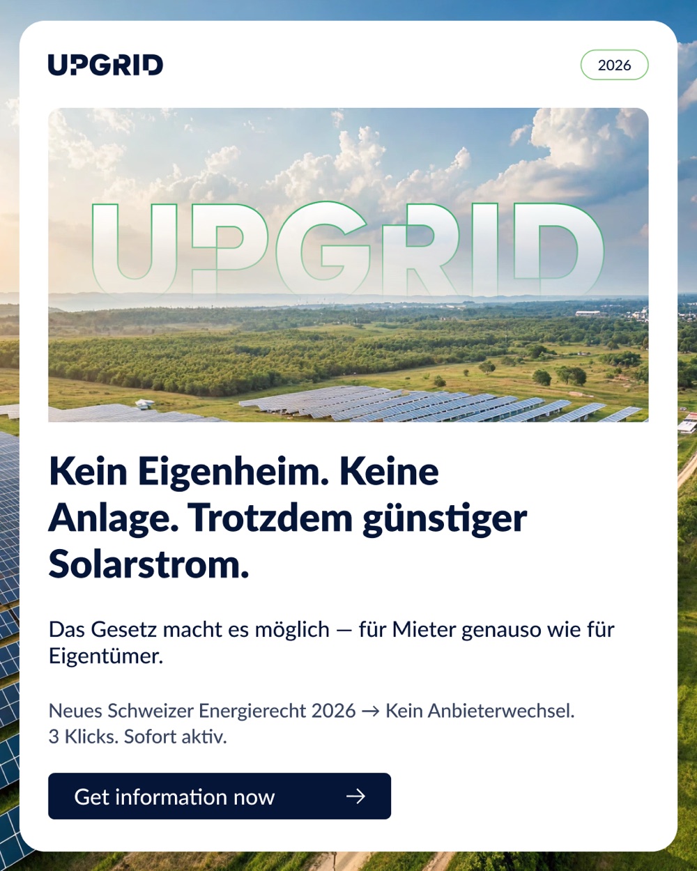 UPGRID Feed-Anzeige — lokaler Solarstrom unter dem Schweizer Energiegesetz 2026
